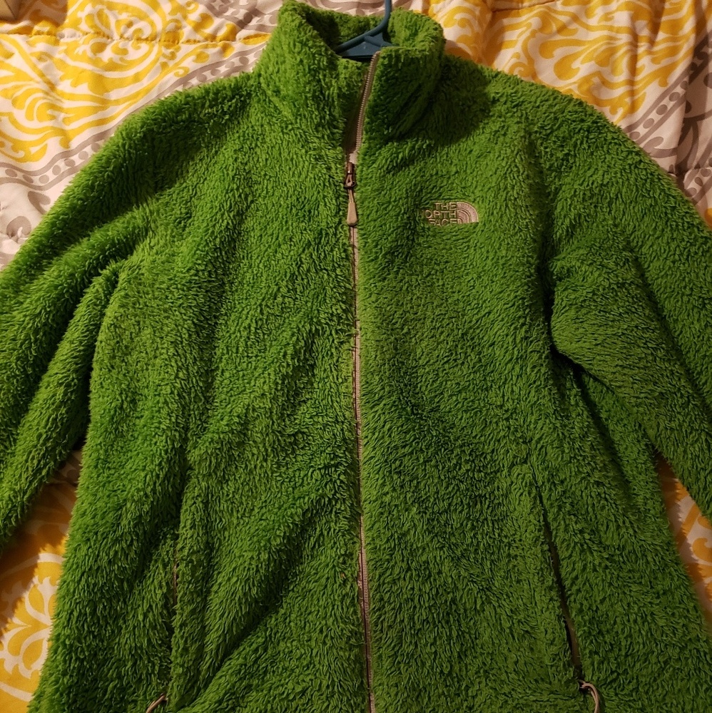 Womens green north face fuzzy jacket